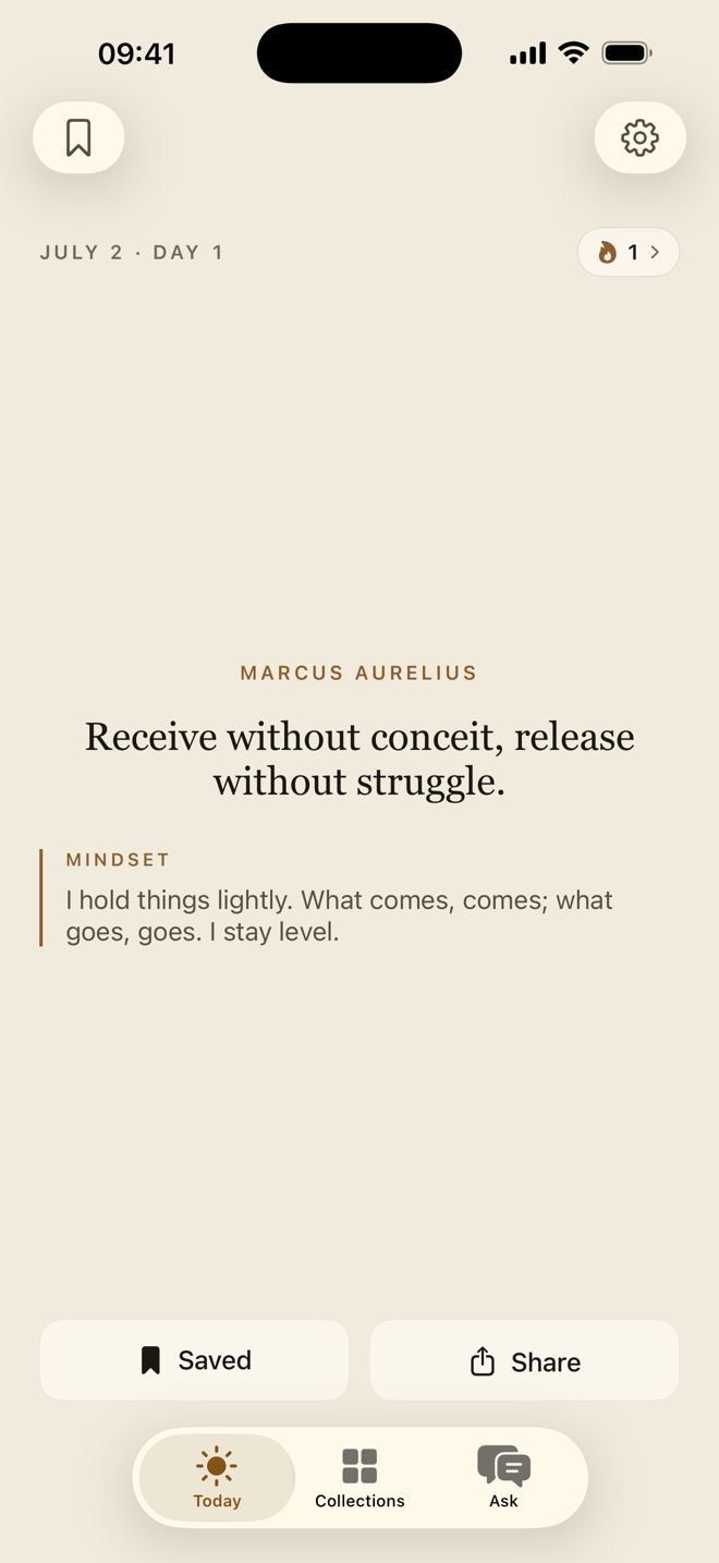 The Chesnota app&rsquo;s Today screen: a Marcus Aurelius idea, &lsquo;Receive without conceit, release without struggle,&rsquo; a Mindset practice to act on, a day-one streak, and Today, Collections, and Ask tabs.